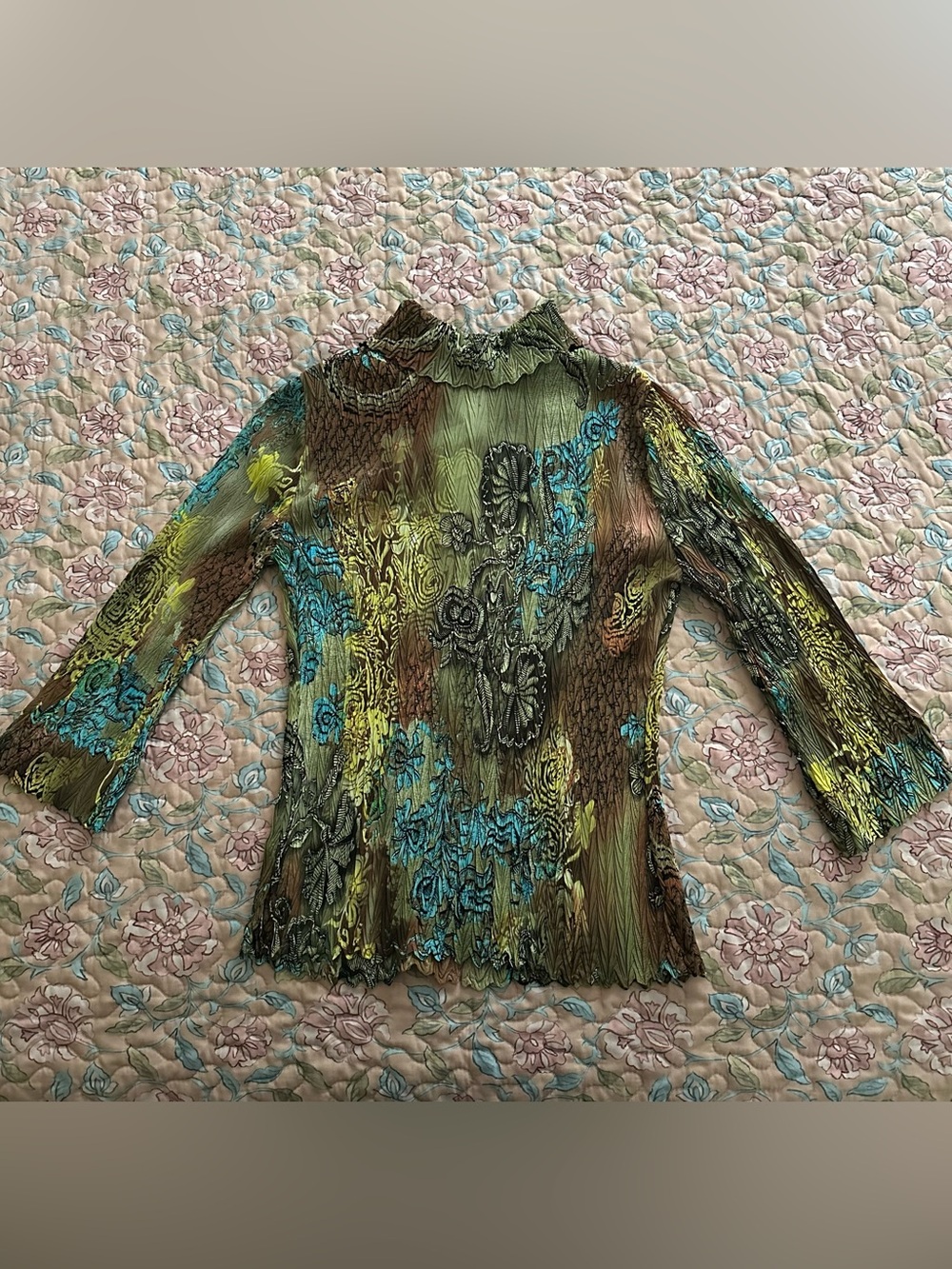 Dressbarn Turquoise Green & Brown Whimsy Floral Printed Women’s Blouse - Picture 5 of 7